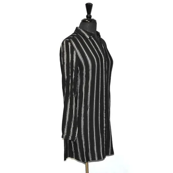 A6 NEW BELLA DAHL Black Striped Lurex Rayon Covered Buttons Shirt Dress Size XS - Picture 3 of 7